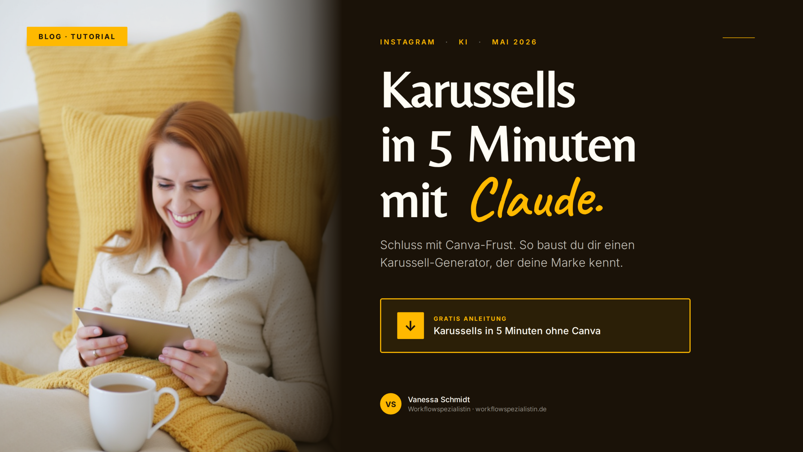 Karussells in 5 Minuten mit Claude — Blog Featured Image Vanessa Schmidt zeigt mit Tablet das Versprechen: Instagram-Karussells in 5 Minuten mit Claude statt Canva-Frust