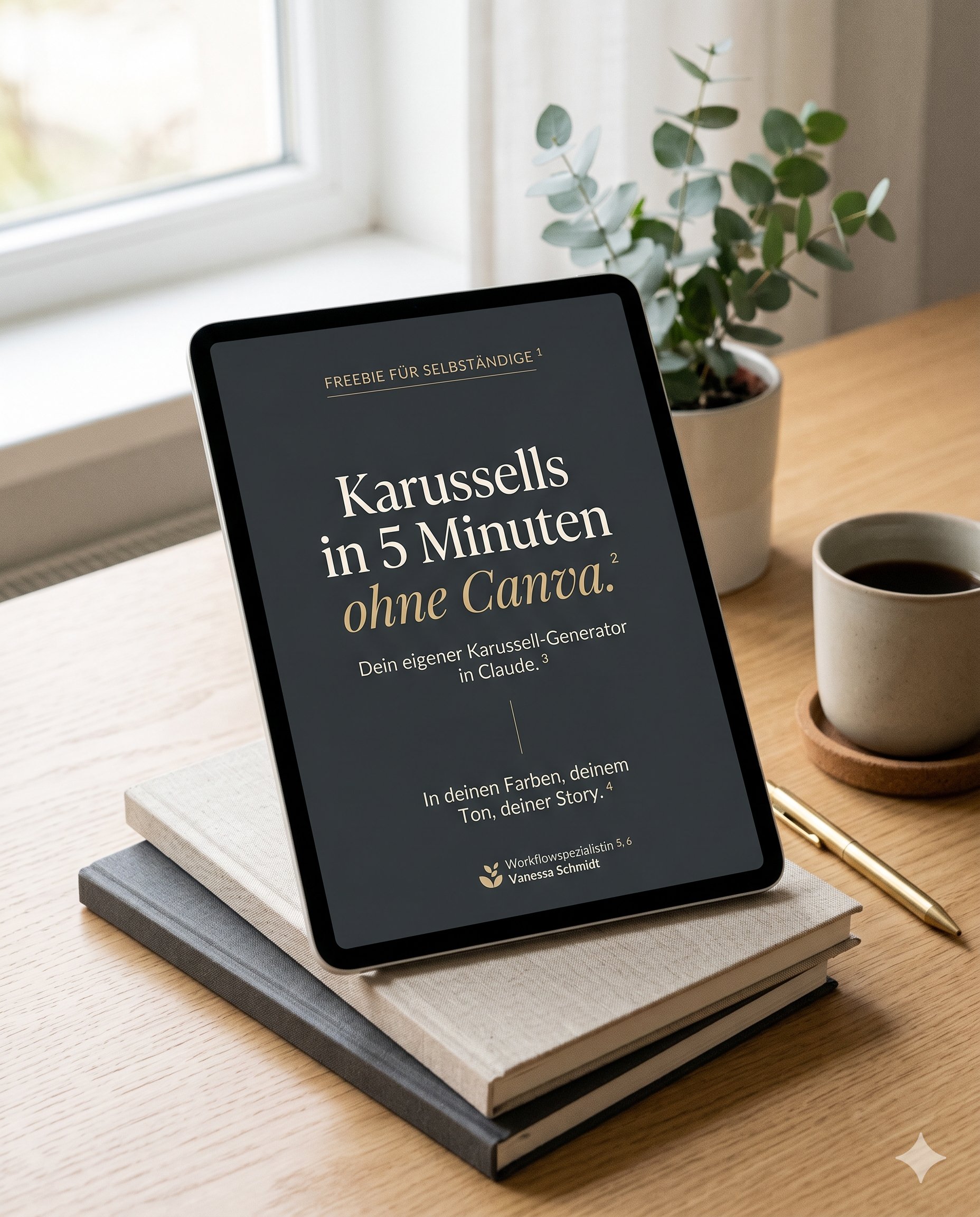 Freebie-Cover auf Tablet: Karussells in 5 Minuten ohne Canva - die kostenlose Schritt-für-Schritt-Anleitung von Vanessa Schmidt