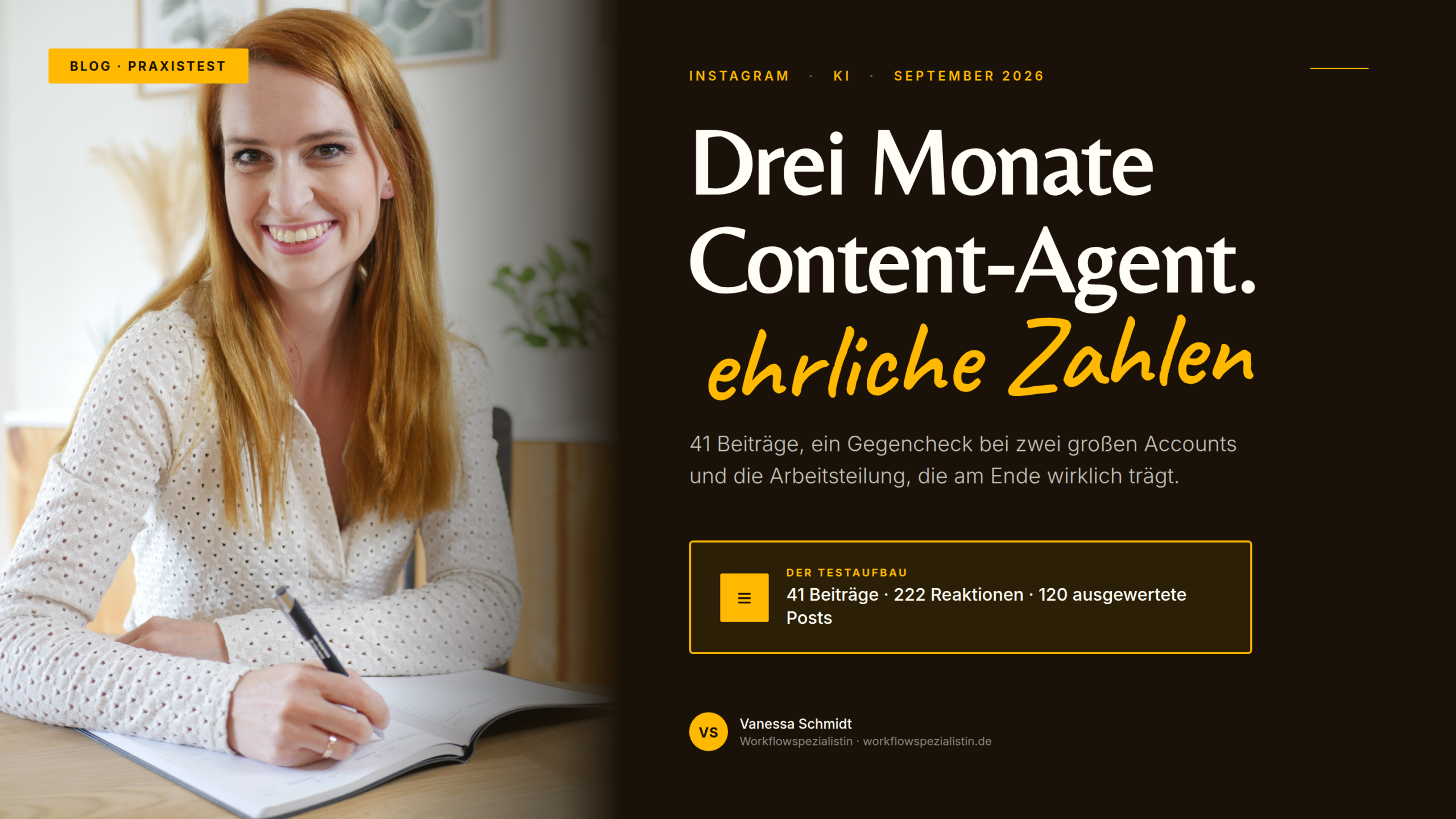Vanessa Schmidt schreibt in ein Notizbuch, daneben der Titel: Drei Monate Content-Agent, ehrliche Zahlen